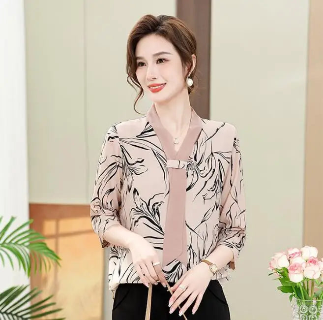 Fashion Printed Spring and Autumn shawl collar Women's Fashion Floral Checked Mid Sleeved Loose Chiffon Tops