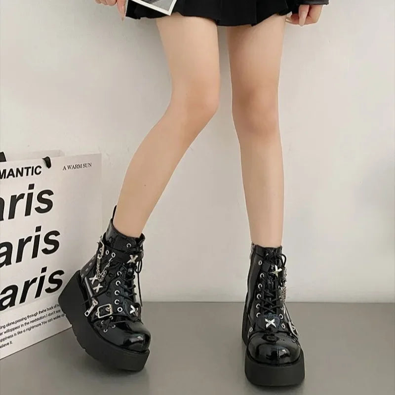 Platform Wedges Women Ankle Boots Autumn Winter Gothic Street Comfy Fashion Cool Woman Shoes Motorcycle Boots Big Size 43