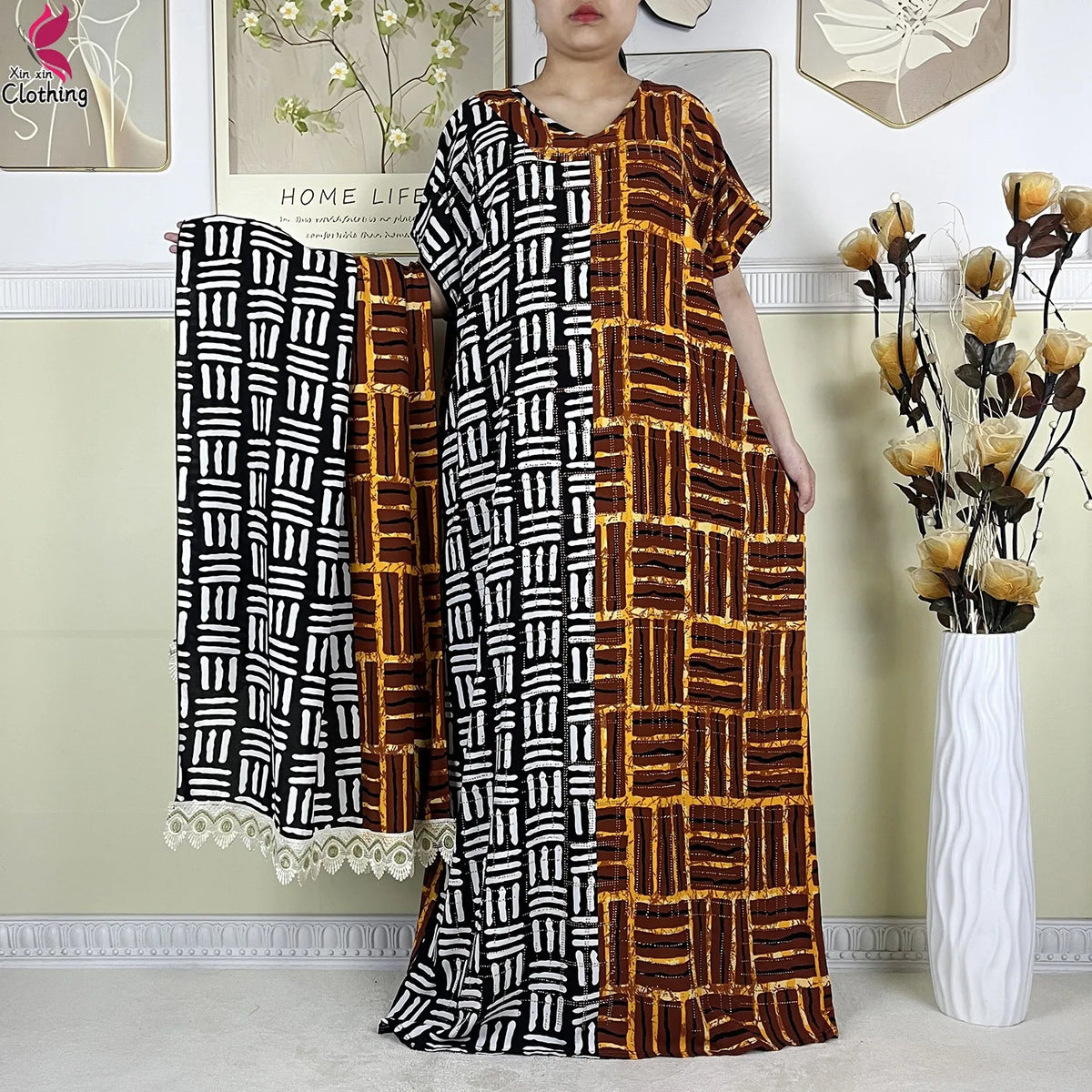 2025 New Summer Abaya Short Sleeve Dress With Big Scarf Printing Floral Loose Dress Islam Kaftan Women African Abaya Clothing
