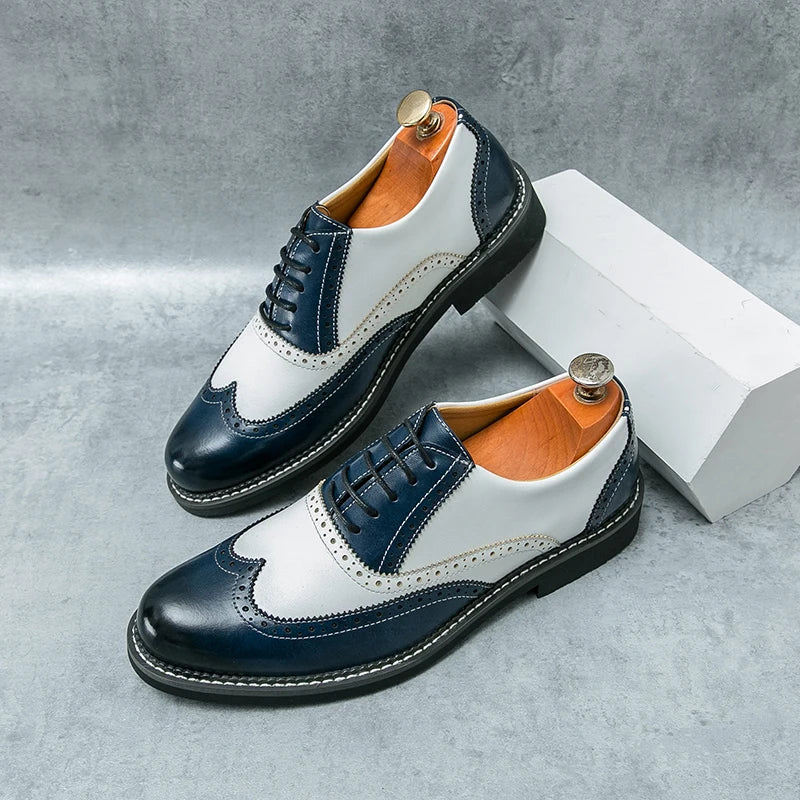 British Men's Trendy Shoes Handmade Sole Brogue Shoes Fashionable Blue Men's Leather Casual Shoes Versatile Free Delivery