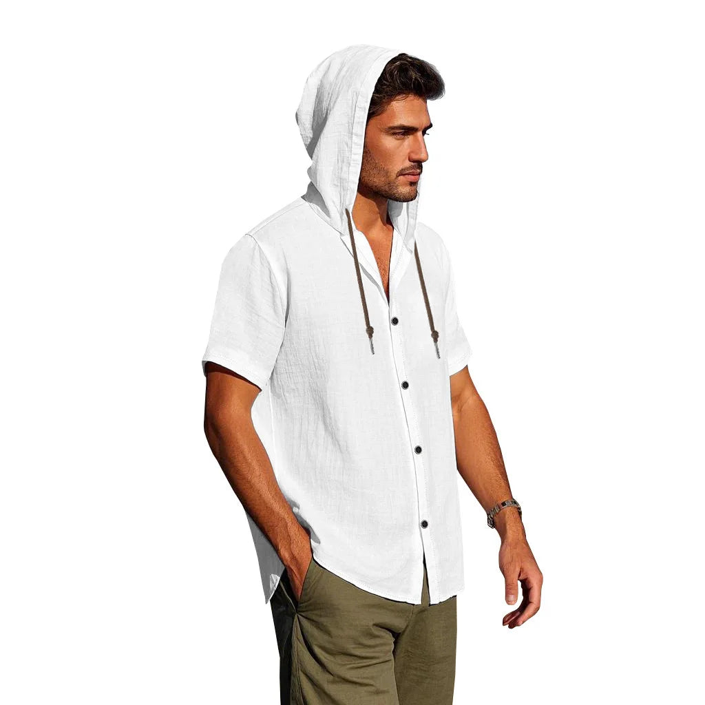 American Summer Men's Thin Breathable Linen Ami Kaji Loose Hooded Short-sleeved Shirt Men
