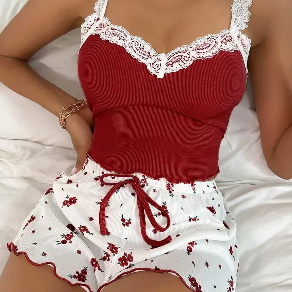 Women 2psc Pajama Set Pink Lace Patchwork V-Neck Sleepwear Sexy Nighties Suit Cami Top Printed Shorts Soft Pyjamas Loungewear