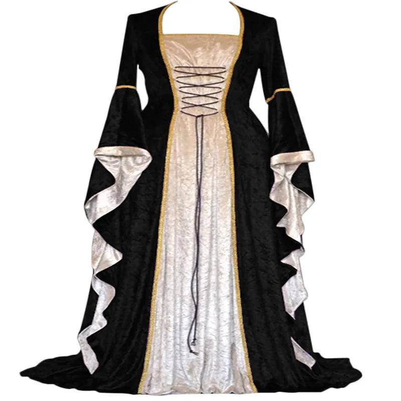 Halloween Women 3XL Plus Size Medieval Retro Court Princress Cosplay Costume Long Dress Elegant Witch Square Collar Masquerade