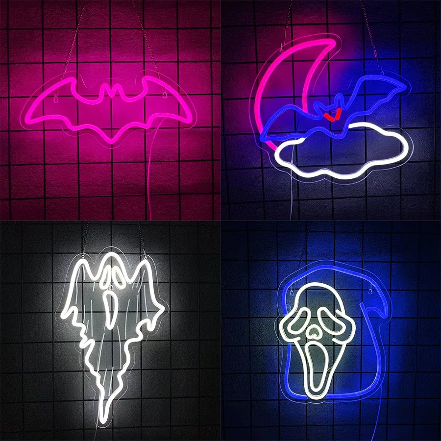 Halloween Bat LED Neon Sign, Ghost Light Up Signs for Wall Decor, Hanging Neon Lights for Home Bar Coffee Stores Window Decor