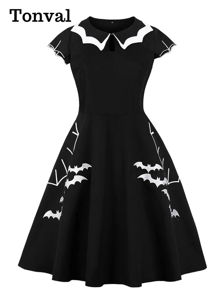 Tonval Bat Embroidery Halloween Costumes Party Vintage Dresses for Women Cap Sleeve Keyhole Front Retro A Line Dress