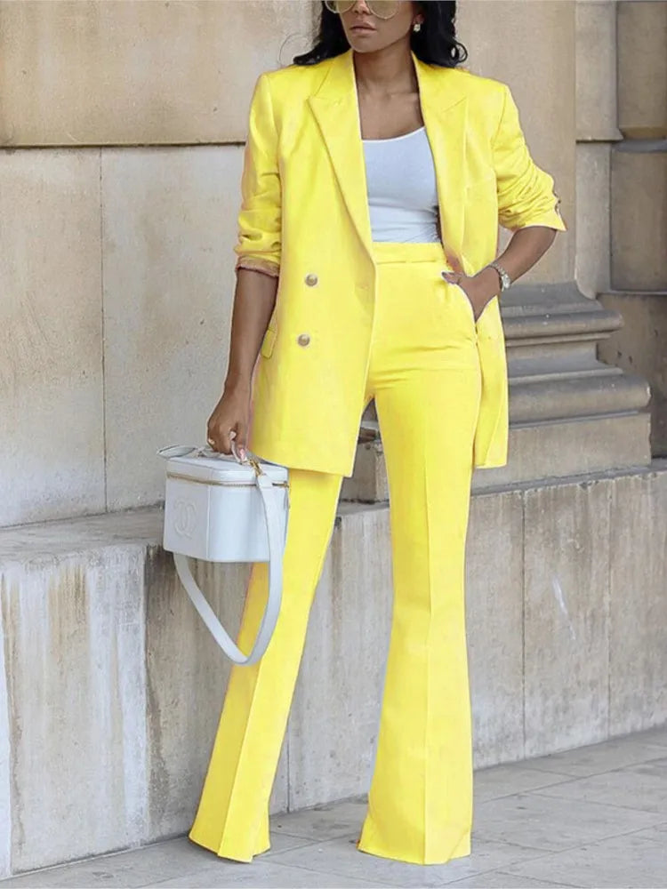 Fashion Wide-leg Trousers Women Blazer Set Autumn Winter Double-breasted Long Suit Coat Trousers Female Suit Office 2-piece Set