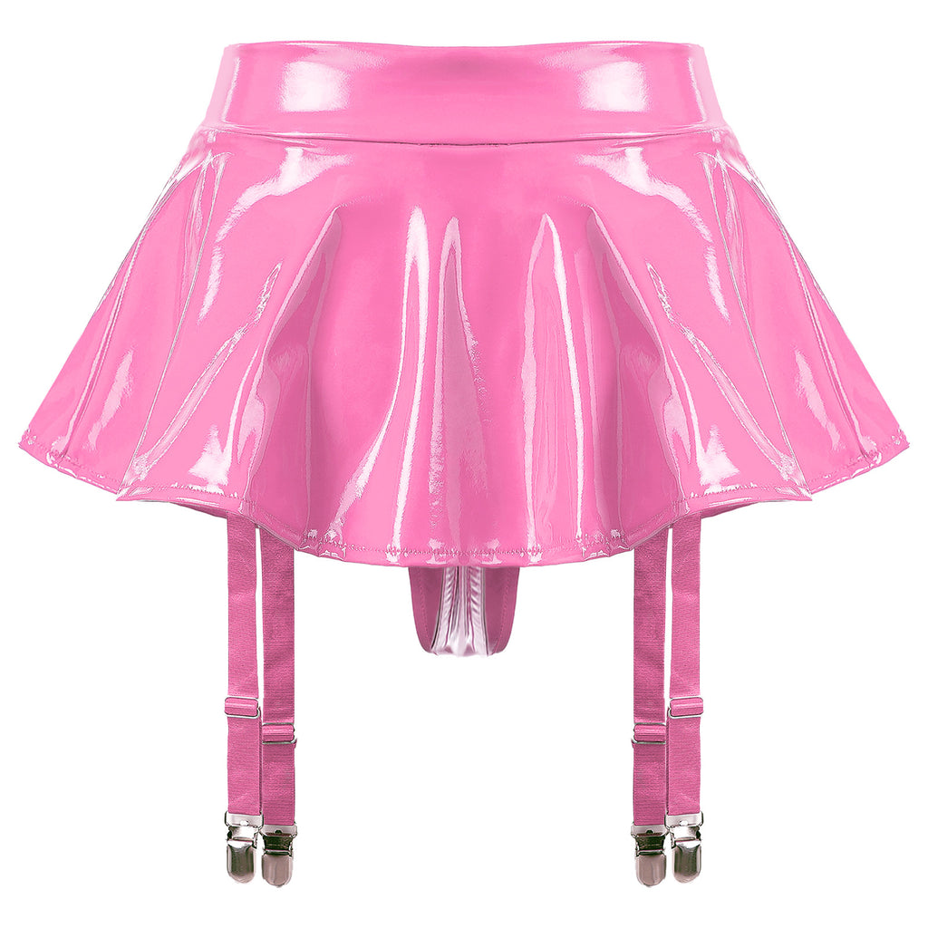 Sexy Women Wetlook PVC Leather Ruffled Skirts Party Low Waist Built-in Thongs Mini Skirt with Garter Belts Metal Clips Set Club