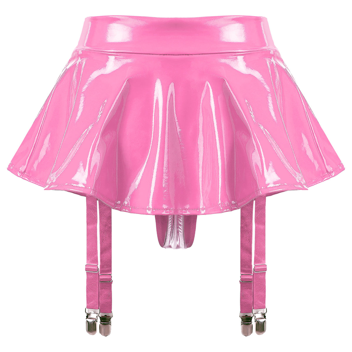 Sexy Women Wetlook PVC Leather Ruffled Skirts Party Low Waist Built-in Thongs Mini Skirt with Garter Belts Metal Clips Set Club