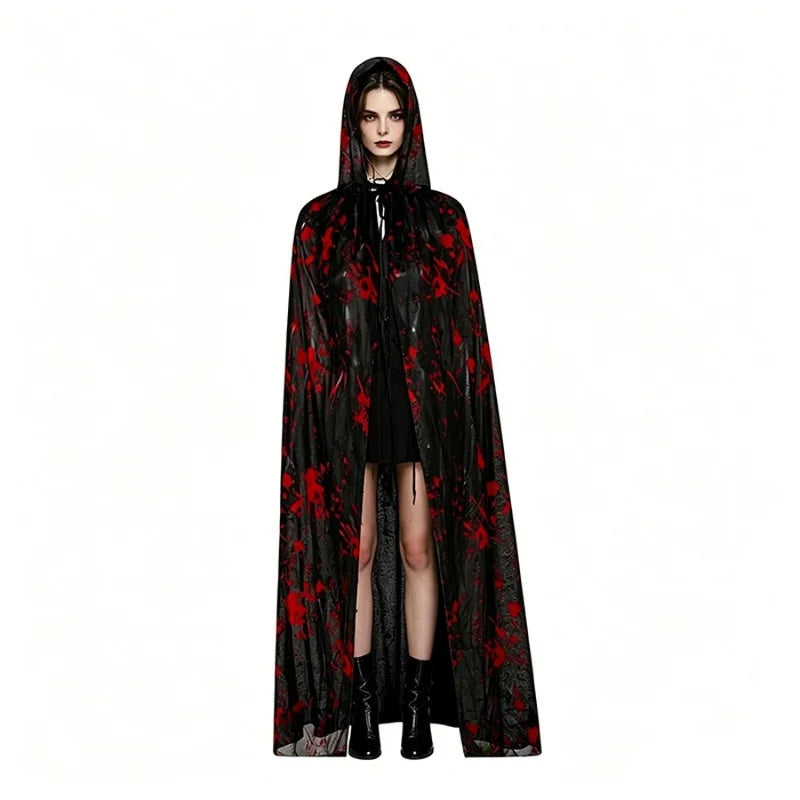 Halloween Blood Splatter Hooded Cloak Black White Blood Handprint Cape Horror Cosplay Costume Ghost Vampire Robe Party Outfit