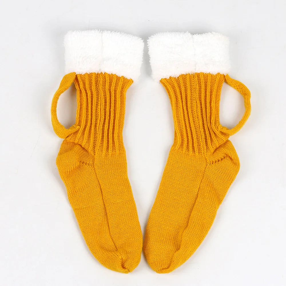 1 Pair Pack Beer Socks, Chunky Knit 3D Beer Mug Socks, Warm Winter Crew Socks, Non-Slip Floor Slipper Socks for Men Women