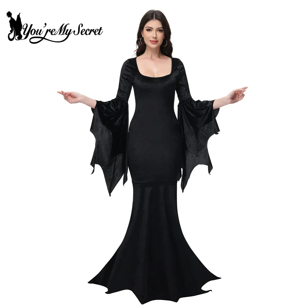 [You're My Secret] Halloween Morticia Adams Primate Black Family Dress Gothic Fishtail Dress Flared Sleeve Bodycon Vestido