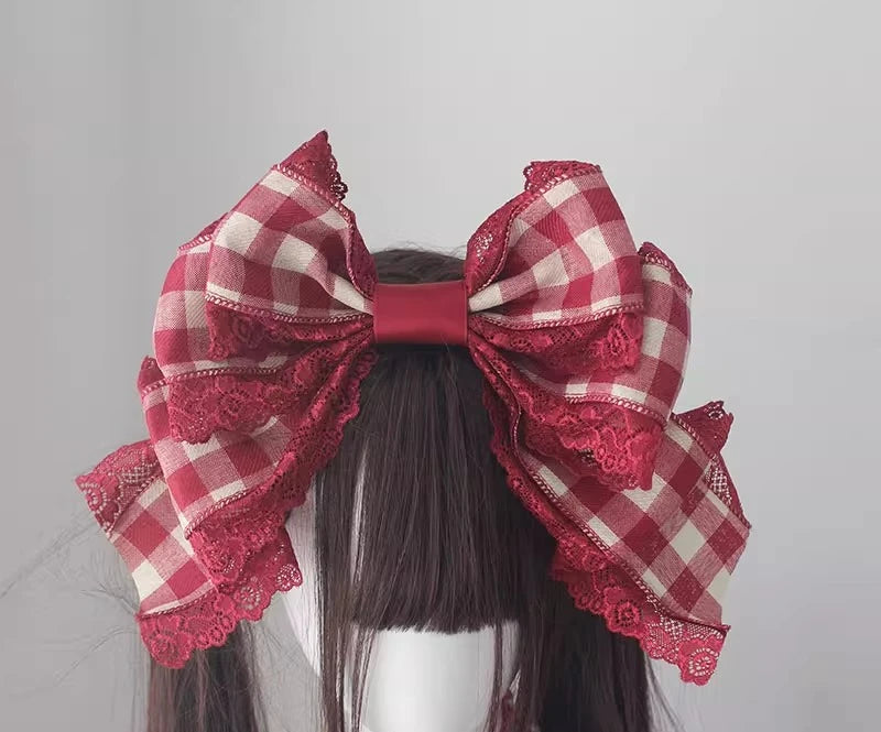 Lolita Sweet Plaid Bow Burgundy Hair Clip Hair Accessories Women Embroidery Lace Stitching Pleated Cake Top Hats Headgear Female