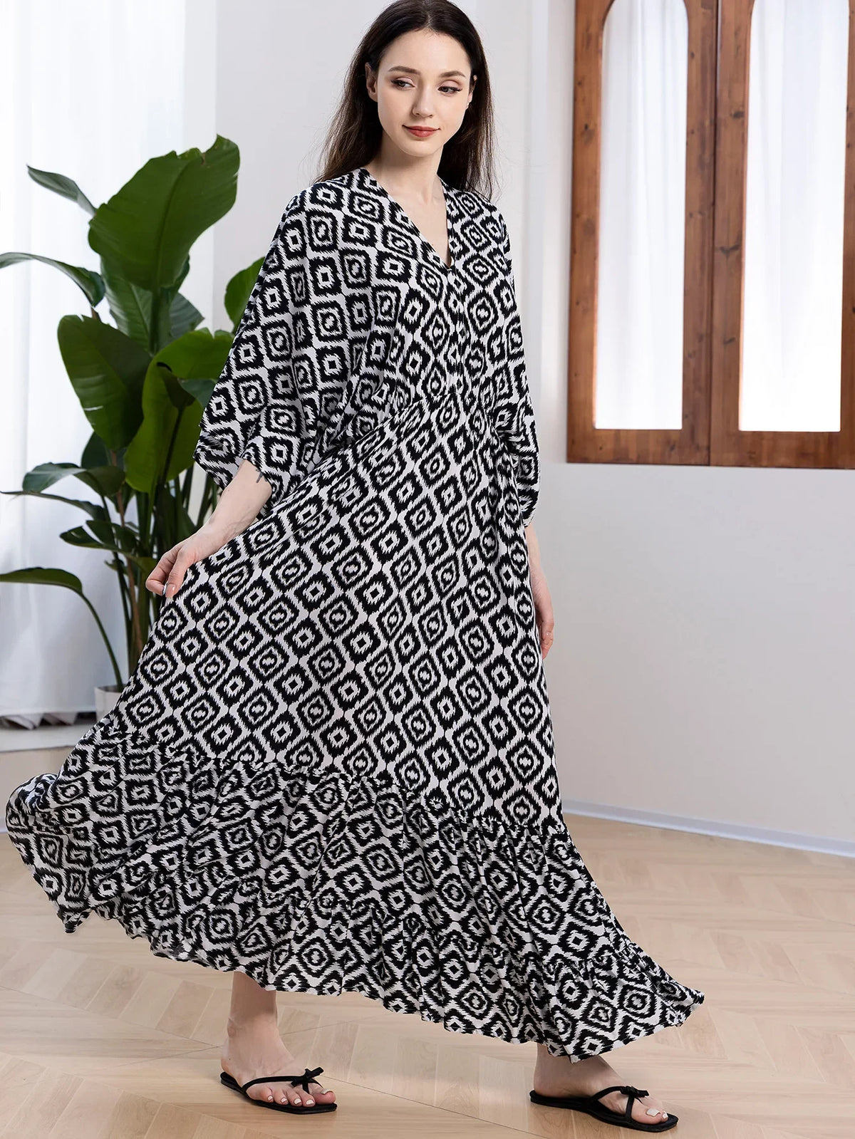 Bohemian Oversize Loose Elastic Waist Maxi Dresses Women Robe Cotton Rayon Floral Printed Long Dress Summer Boho Beach Cover up