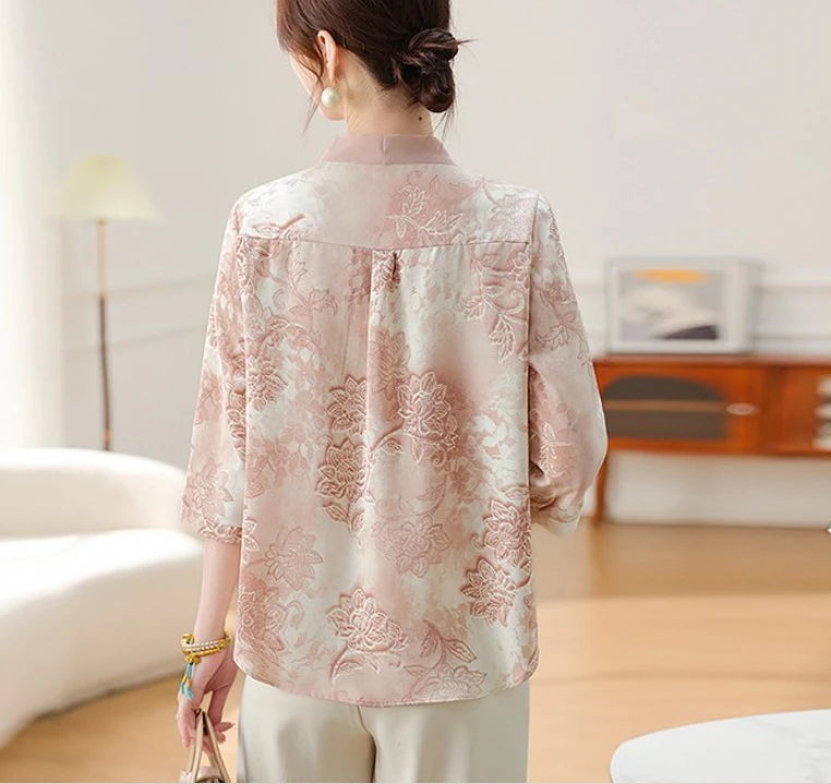 Fashion Printed Spring and Autumn shawl collar Women's Fashion Floral Checked Mid Sleeved Loose Chiffon Tops
