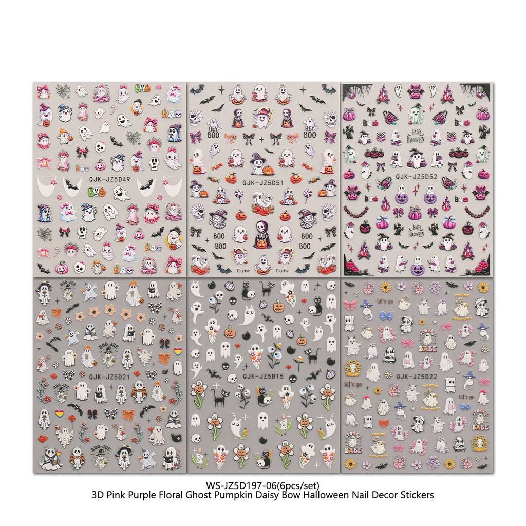 Halloween Day of the Dead 5D relief nail stickers, funny ghost pumpkin pattern nails, DIY art design nail artist supplies