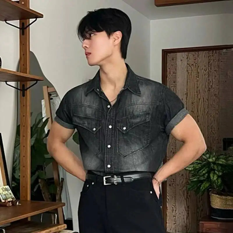 IEFB Niche Design Men's Denim Shirts Turn-down Collar Single Breasted Washing Solid Color Short Sleeved Loose Male Tops 9W2513