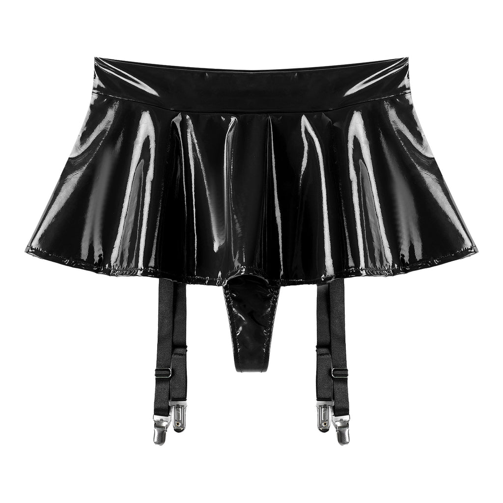 Sexy Women Wetlook PVC Leather Ruffled Skirts Party Low Waist Built-in Thongs Mini Skirt with Garter Belts Metal Clips Set Club