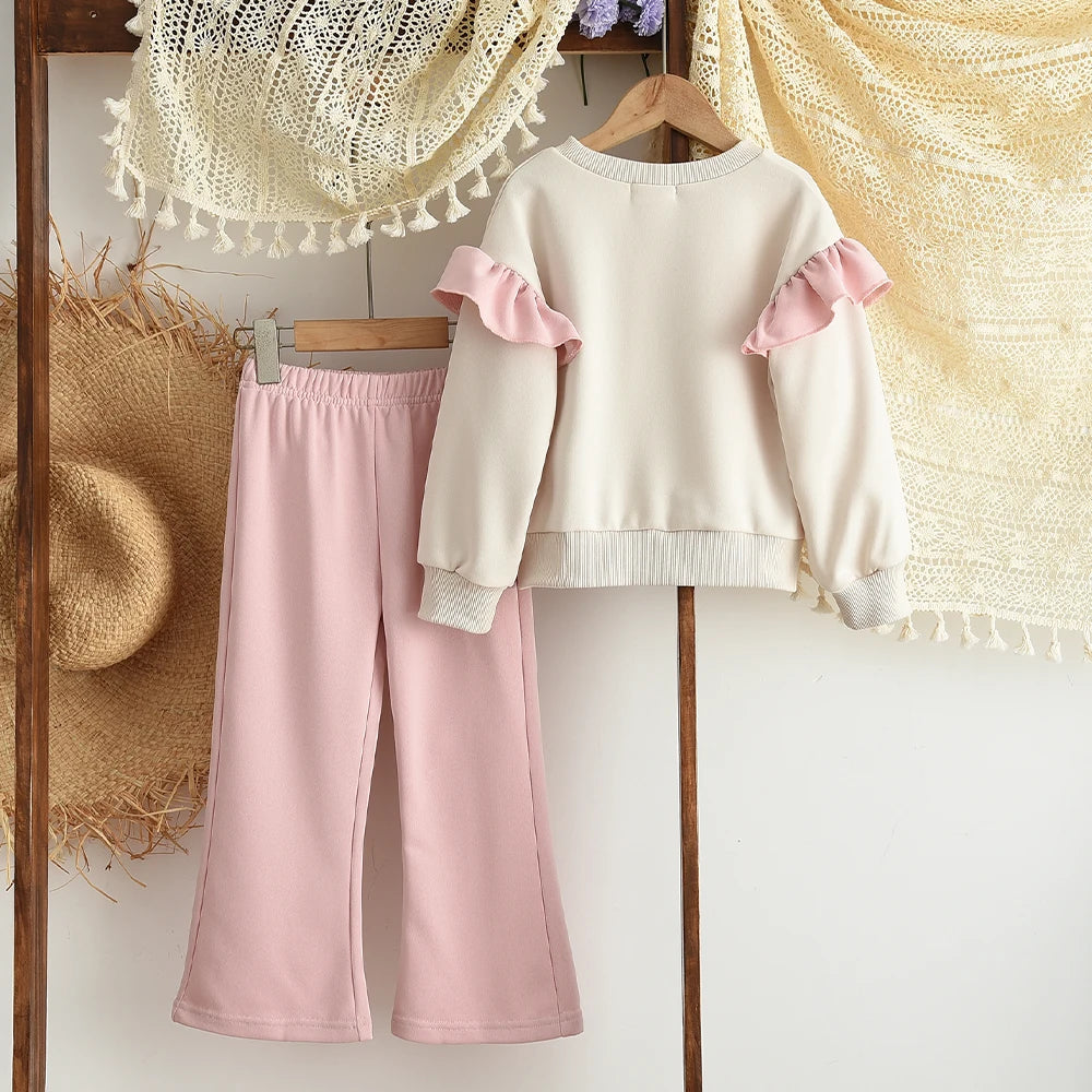 Bear Leader Spring and Autumn Long Sleeve Girls' Set Letter Printed Top+Solid Color Bell Bottom Pants Pink Casual Kids Wear