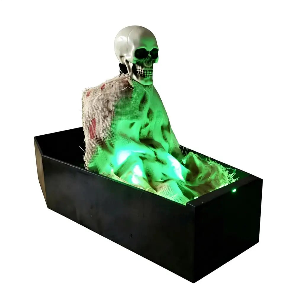 Halloween Sound Activated Animated Skeleton Coffin Decor Realistic Skeleton Green LED Lights Scary Sounds for Home Party Prank