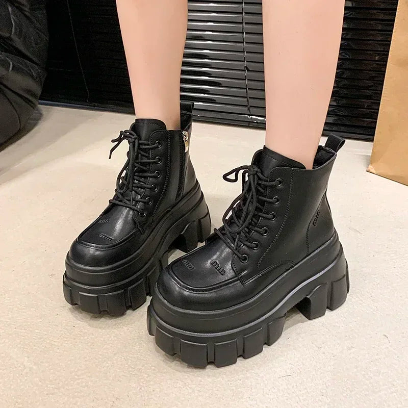 9CM Autumn High Platform Leather Boots Wedge Heels Ankle Boots Winter Women Lace-up Warm Shoes Motorcycle Chunky Sneakers Woman