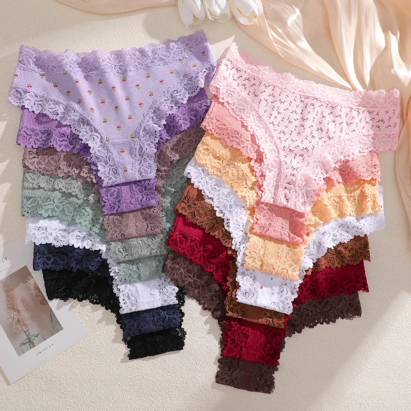 4Pc S-XL Women's Cotton Sexy Lace Brazilian Pants Seamless Low Waist Printing Breathable Underwear Ladies Lace Patchwork Panties