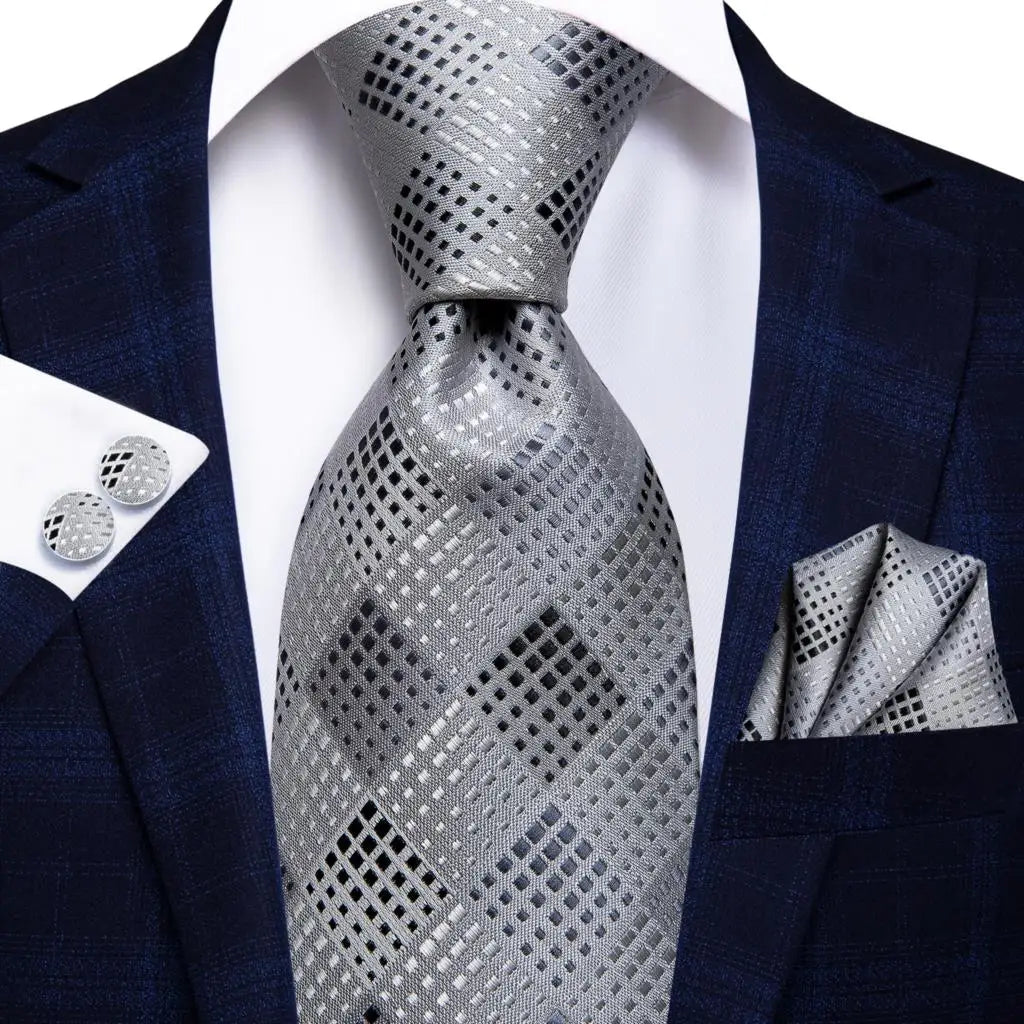 Hi-Tie White Grey Paisley 2026 New Mens Tie Hanky Cufflink Set Necktie For Men Wedding Party Business Men Tie Fashion Brand