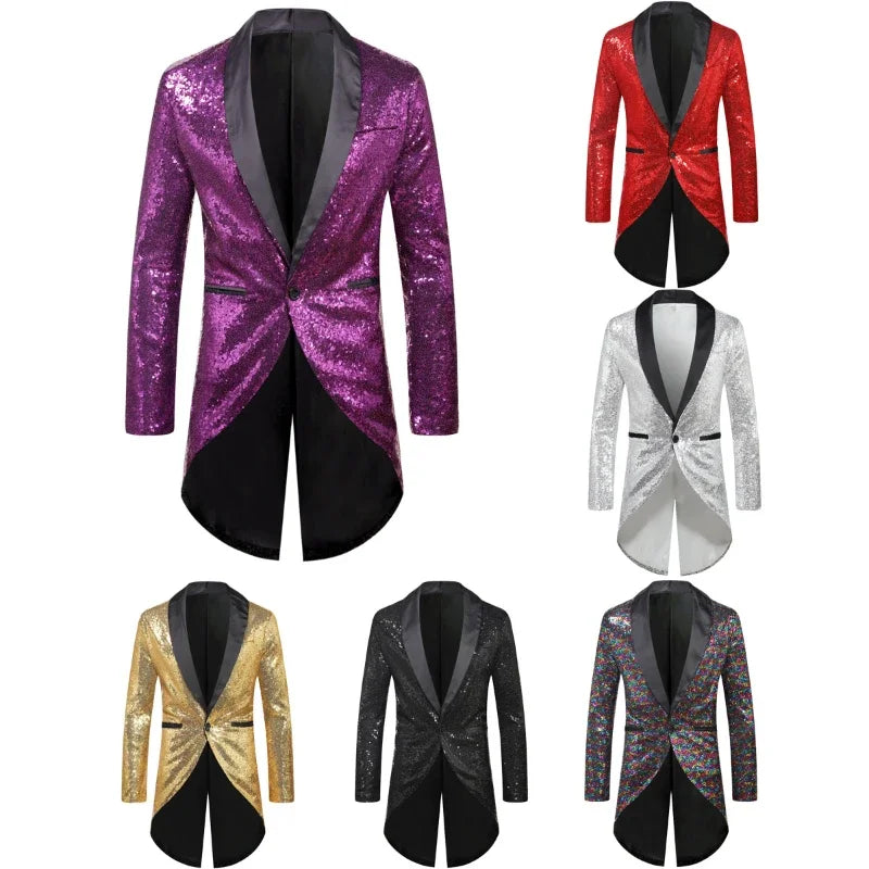 2024 Autumn New Six Color Fashionable SequinTuxedo Blazer for Men, Single Button Color Loose Performance Suit Dress Men Eur Size