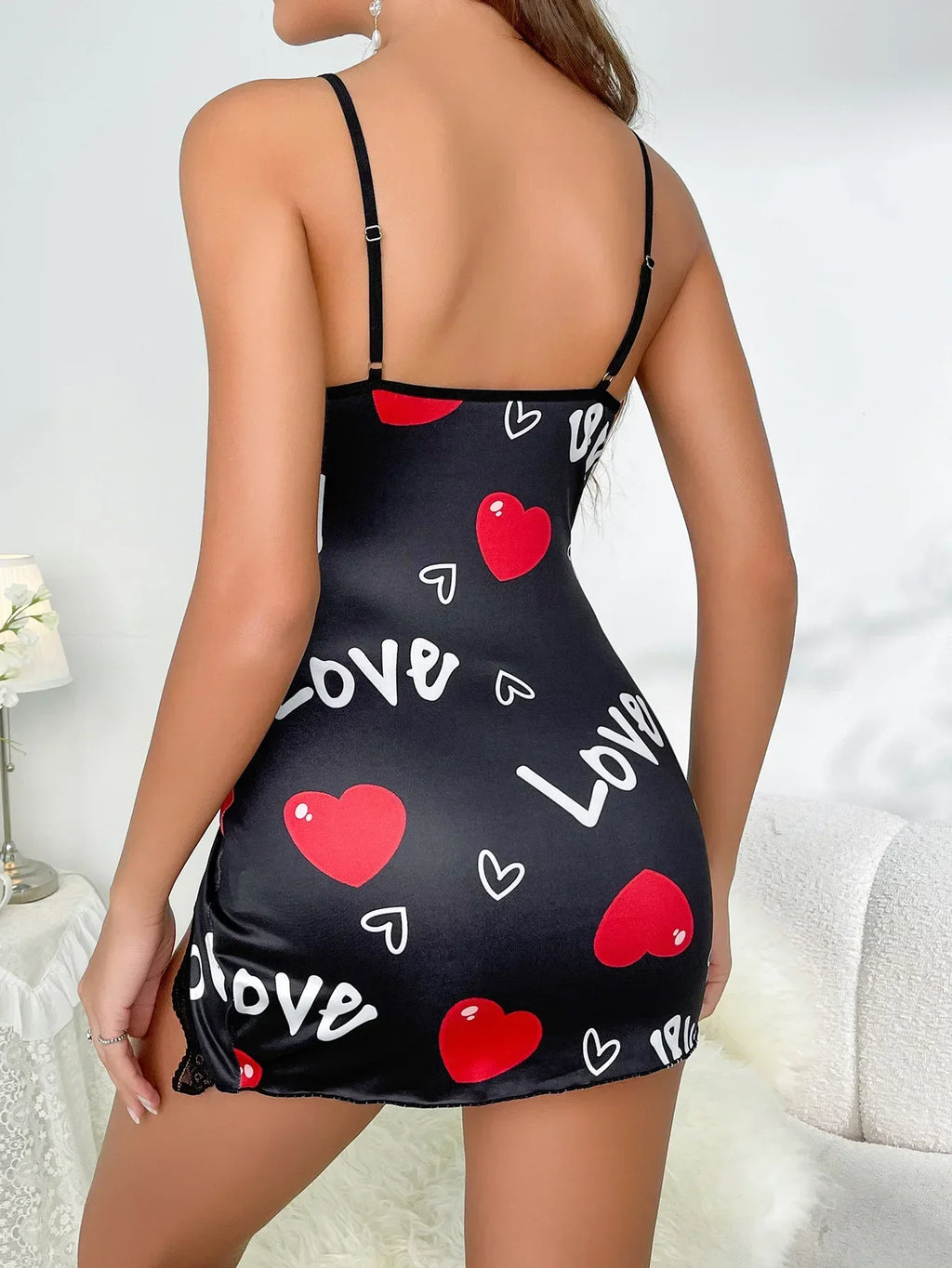 Heart Letter Floral Slip Nightdress Lace Trim Deep V Side Split Sleep Dress Soft Breathable Fabric For Women Night Gown