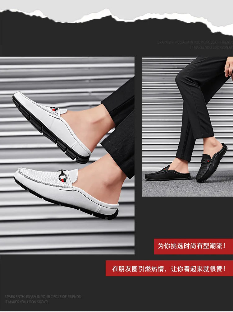 Large Size Mules Men Half Shoes For Man Slippers Leather Mens Semi-Drag Casual Shoes Backless Loafers Male Slides Flats Sandals
