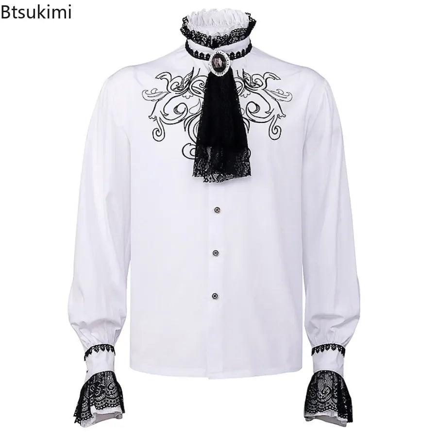 Steampunk Men's Shirt Tops Renaissance Victorian Gothic Medieval Long Sleeve Stand Collar Shirts Male Halloween Cosplay Costumes