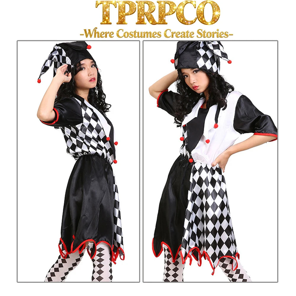 Halloween Carnival Costumes Funny Fun Cosplay Black and White Splicing Clown Costume with Hat for Man Women Innovative Set