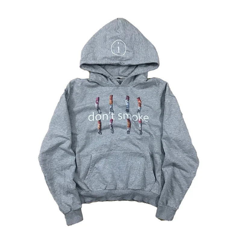 Y2K Gray Sports Hoodie Retro Smoke Print Sweater Men Women New Fashion Vintage Classic Hip Hop Streetwear Clothing Loose Jacket