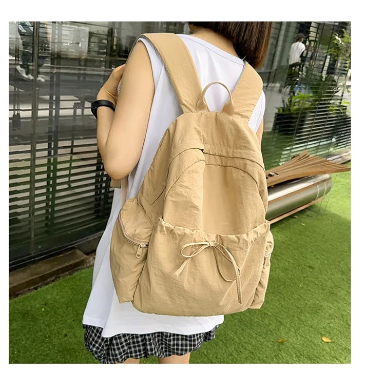 Japanese Style Student Backpack Solid Color Bow Travel School Bag Lightweight and Fashionable Women's Backpack New Simple Casual