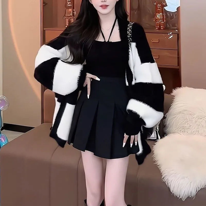 Women Mink Fur Knitted Cardigans Sweaters Autumn Winter Loose Sweet Fashion Stripe Lantern Sleeve Thicken Contrast Color Coats