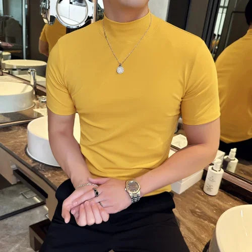 Spring Summer Men's Half High Neck Short Sleeve T-shirt Korean Slim Fit Solid Color Bottom Shirt Casual Cotton Elastic T-shirts