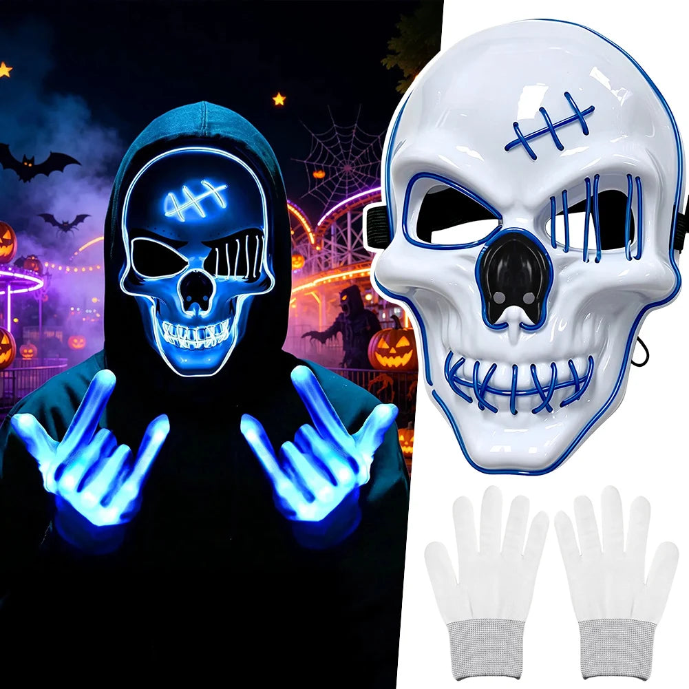 Halloween LED Mask With Gloves,Glowing Skull Mask Costume Set,Lights Up Horror Costume Props Halloween Party Cosplay Accessories