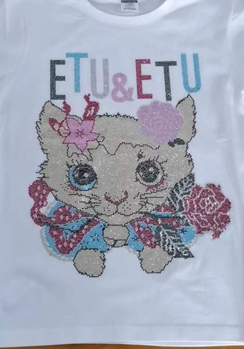 High quality rhinestone T shirt female summer short sleeve female fashion shiny cat crystal hot diamond T-shirt collar soft cott