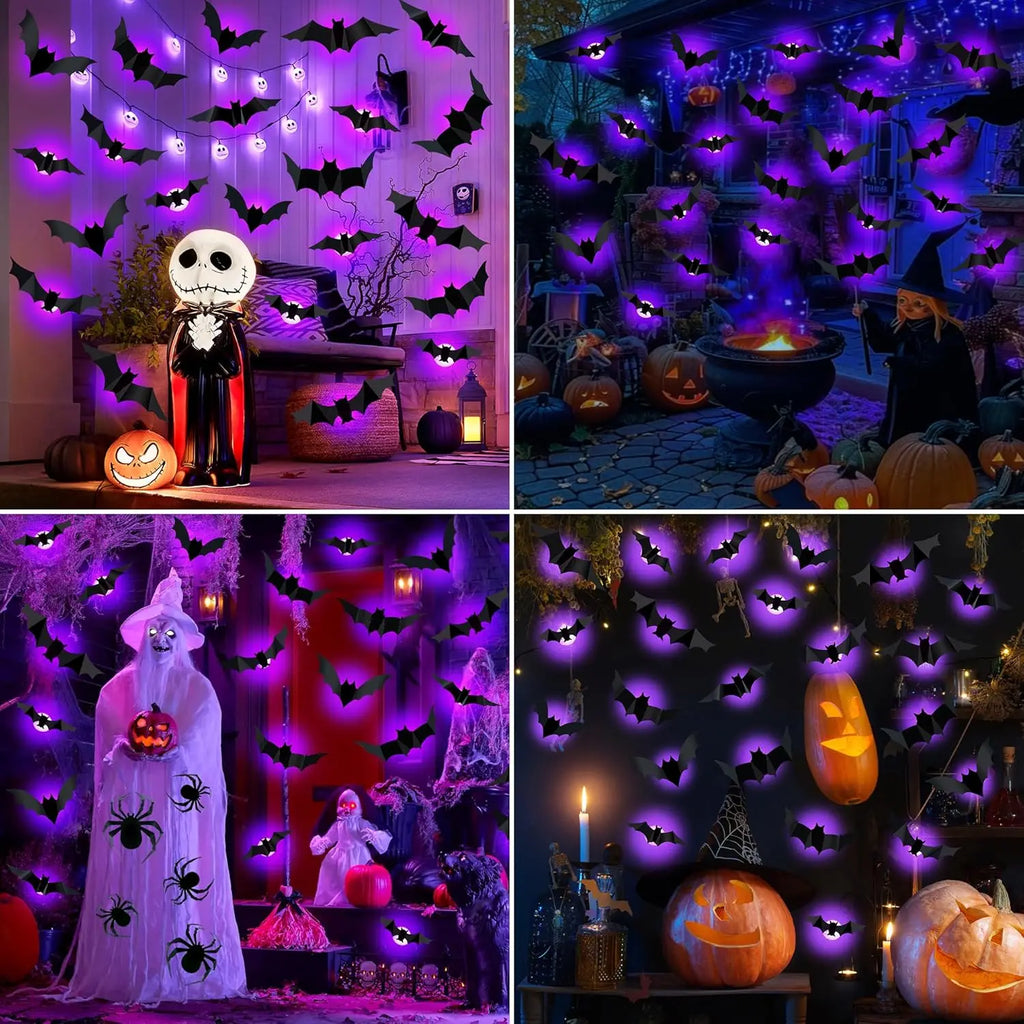 Halloween Bat/Spider Night Light 3D Purple/Green Lights Wall Sticker Self Adhesive Glow Decor for Haunted House Party Supplies