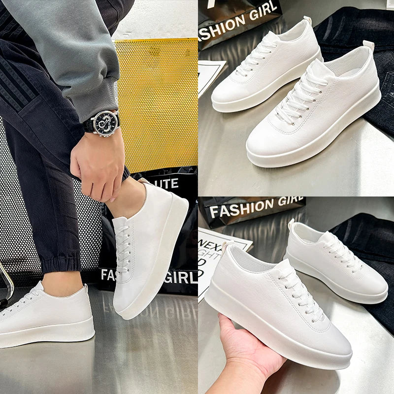 Fashion Thick Sole Black White Soft Men Leather Shoes Platform Men Casual Board Shoes Walking Sport Shoes Lightweight Work Shoes