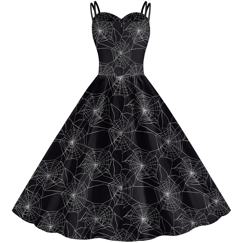 Halloween Gothic Costume Women Strap Swing Dress Skeleton Rib Heart Spiderweb Print Ladies Carnival Masquerade Outfits