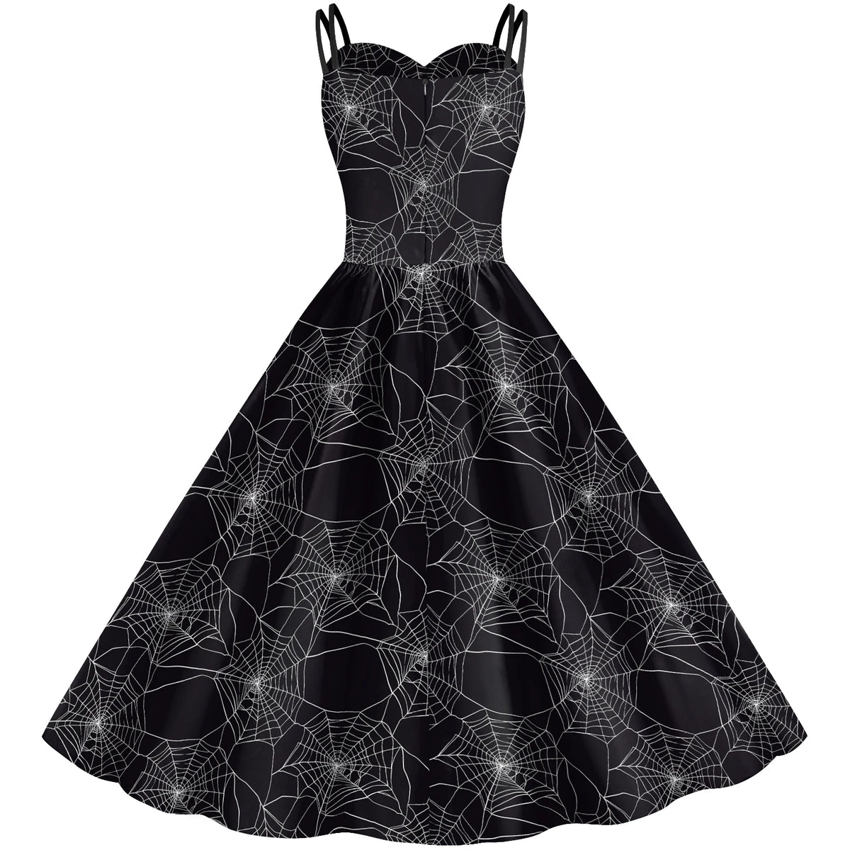 Halloween Gothic Costume Women Strap Swing Dress Skeleton Rib Heart Spiderweb Print Ladies Carnival Masquerade Outfits