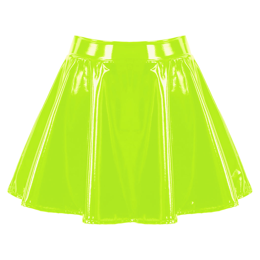 Sexy Women Wetlook PVC Leather Ruffled Skirts Party Low Waist Built-in Thongs Mini Skirt with Garter Belts Metal Clips Set Club