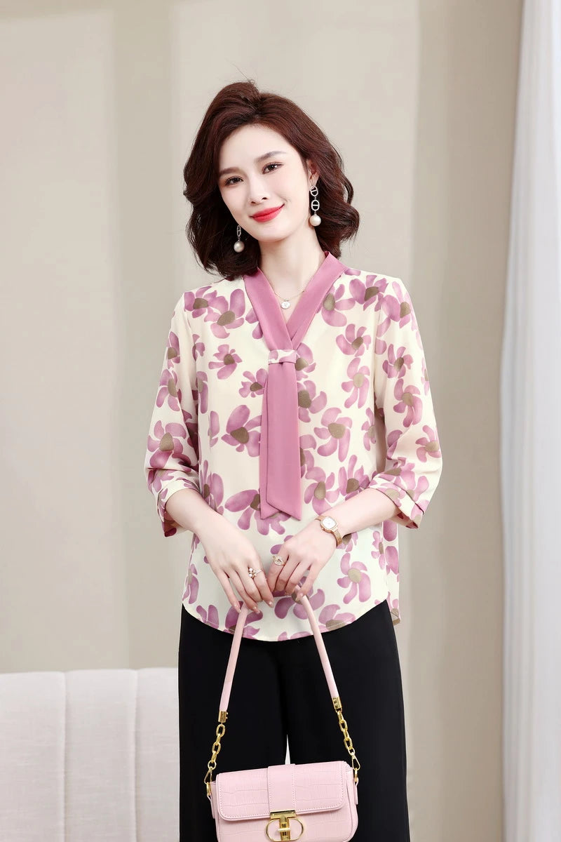 Fashion Printed Spring and Autumn shawl collar Women's Fashion Floral Checked Mid Sleeved Loose Chiffon Tops