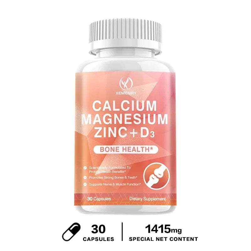 Calcium + Magnesium + Zinc + Vitamin D3 Capsules - Supports Bone and Nervous System Health and Improves Mood