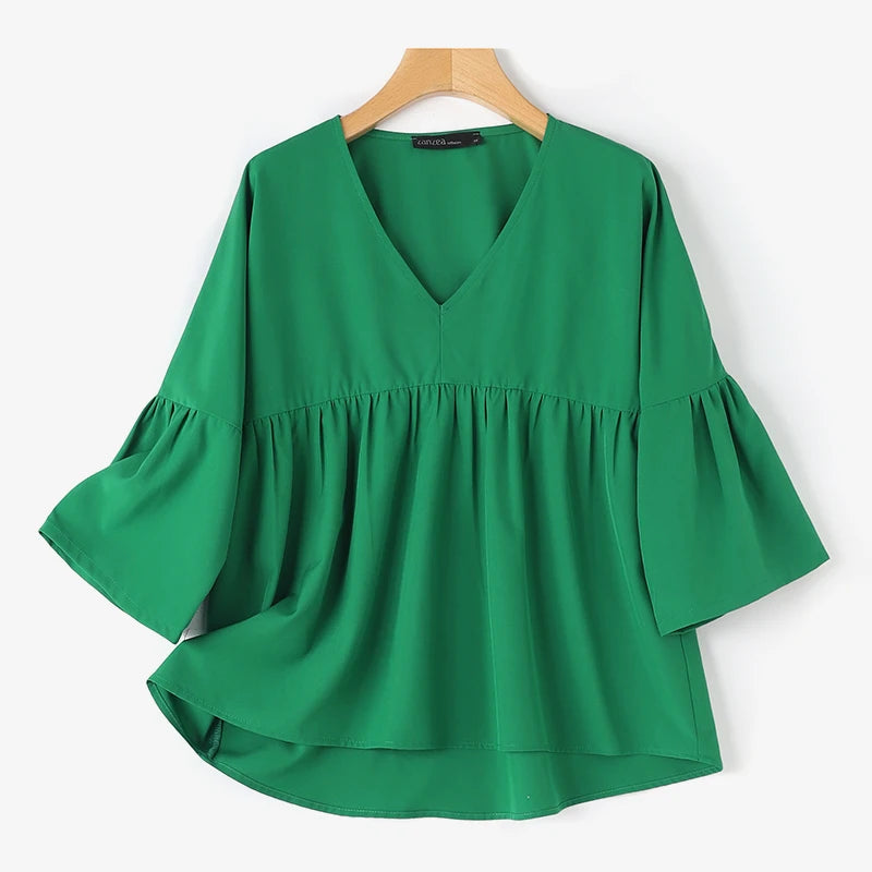 ZANZEA Women Summer Flare Sleeve Tops 2025 Casual Solid Color Blouse Fashion Pleating Tunic V-neck Shirt Loose Blusas Femininas