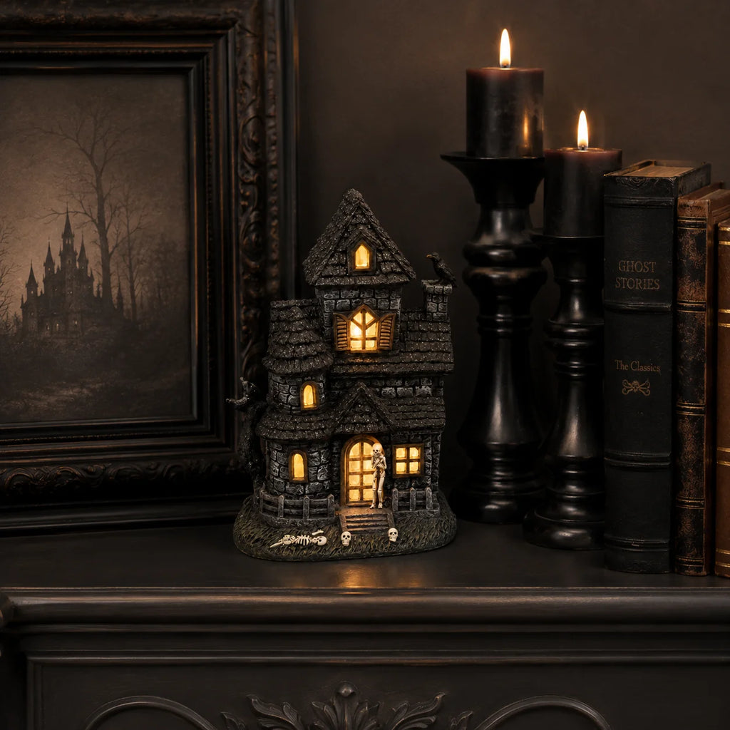 Halloween Lighted Haunted House Resin Figurine with Skeleton & Crow, Spooky Tabletop Ornament for Home Party Decoration