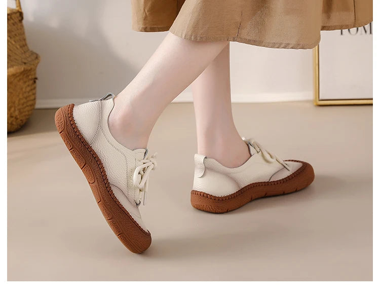 New real leather handmade shoes for women all season oxfords flats woman laced up moccasins cozy mom boat shoes round toe flats