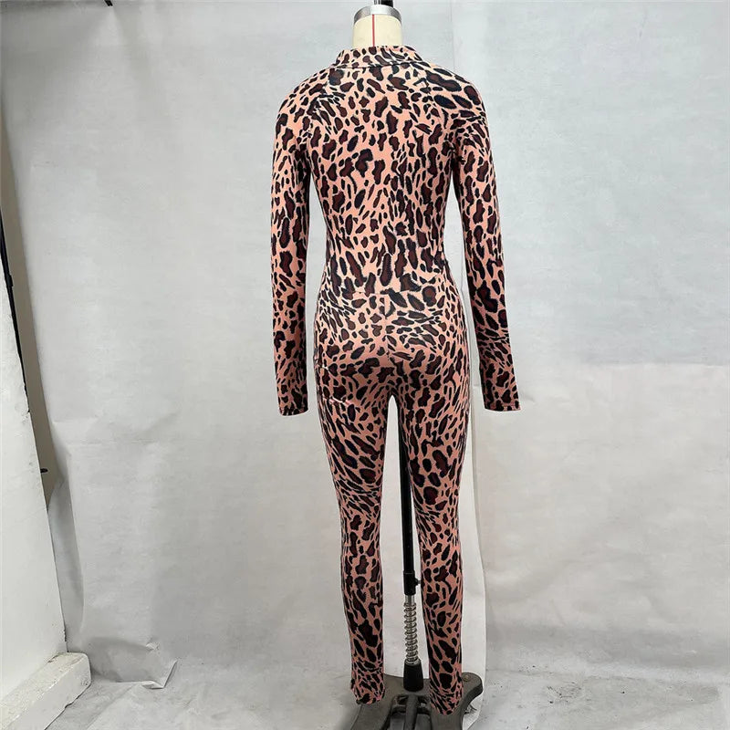 Shestyle Brown Leopard Zip Up Jumpsuits for Women Skinny Mock Neck Sexy Hand Hole Rompers Fitness Outwear Sporty Casual2024 New