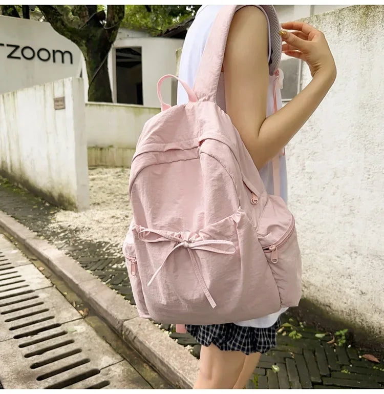 Japanese Style Student Backpack Solid Color Bow Travel School Bag Lightweight and Fashionable Women's Backpack New Simple Casual