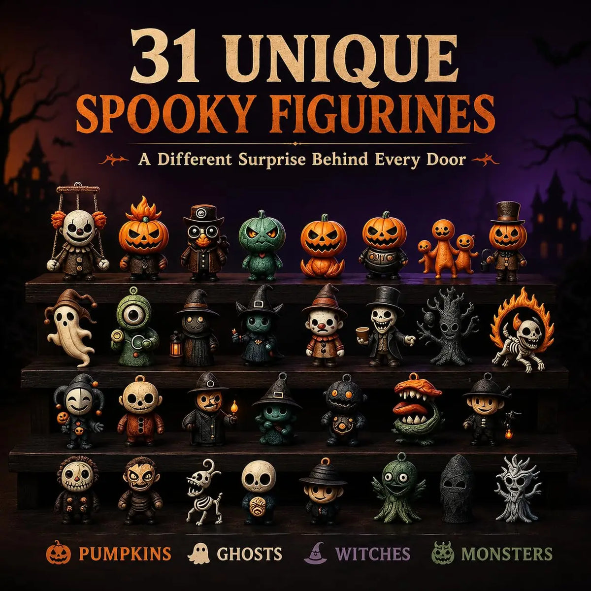 Halloween Advent Calendar, 31 Days of Halloween Countdown Calendar with 31 Mini Spooky Figurines, Surprise Box for Kids Adults
